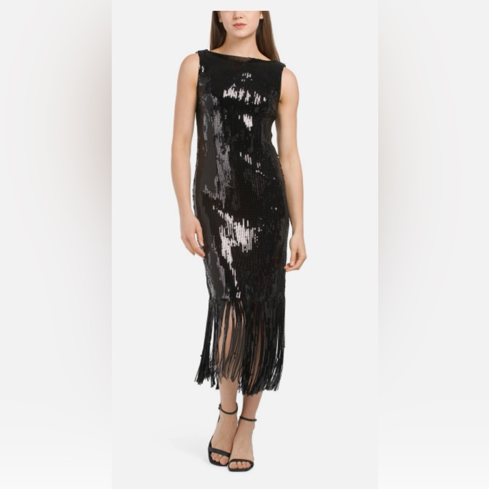 Nanette Lenore Elegant Black Sequin Fringe Dress
